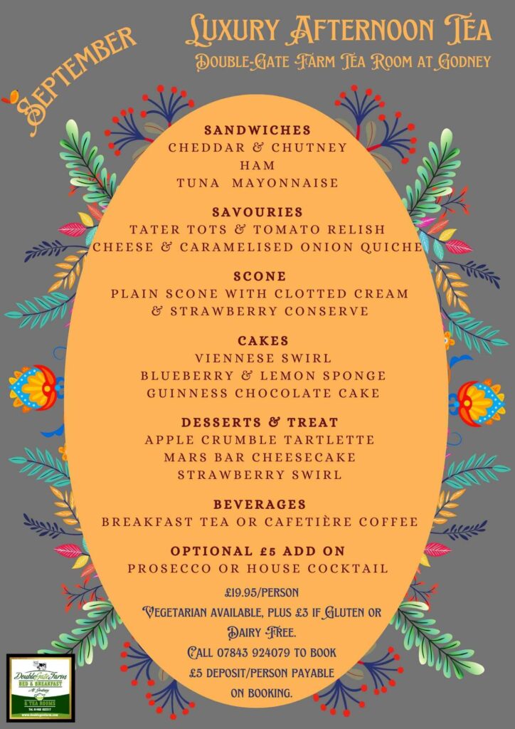 Luxury Afternoon Tea at Double-Gate Farm for the month of September