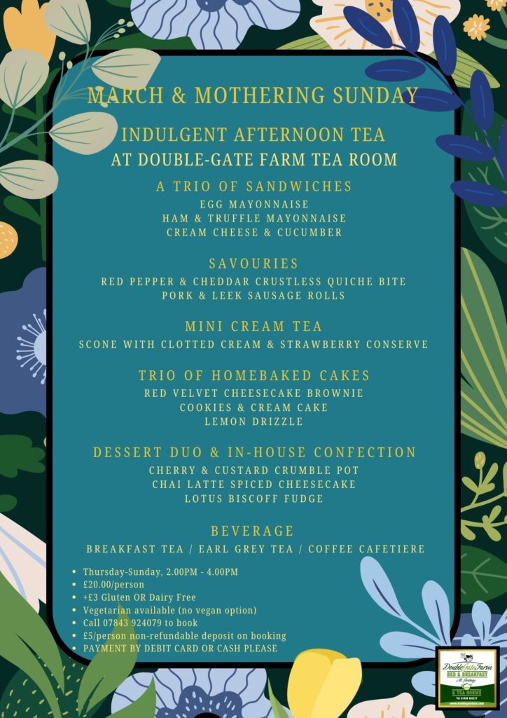 2026 March & Mothering Sunday Afternoon Tea Menu at Double-Gate Farm