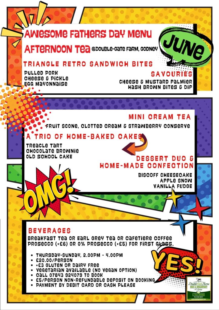 Old School Afternoon Tea Menu for Father's Day and the month of June at Double-Gate Farm