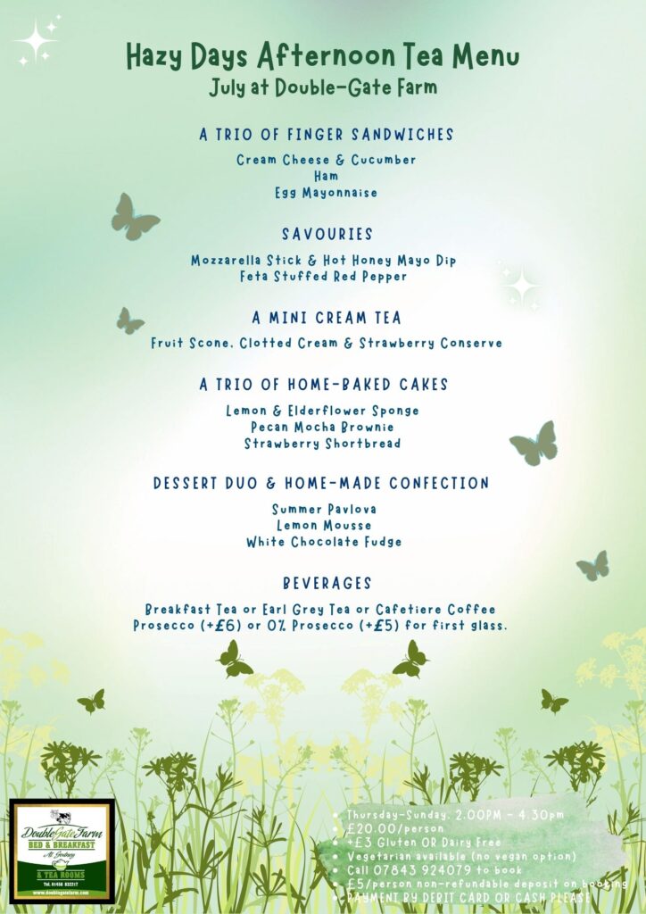 Hazy Days July Afternoon Tea Menu at Double-Gate Farm